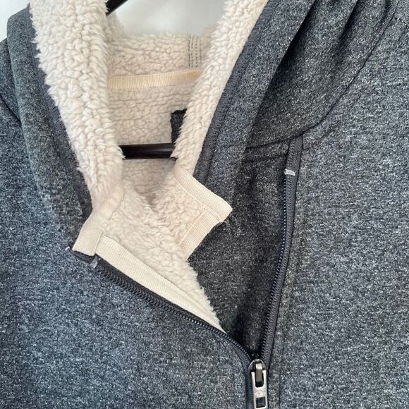 Roots Dark Grey Asymmetrical Zipper Tunic Length Sherpa Lining Hooded Sweater - Picture 9 of 10